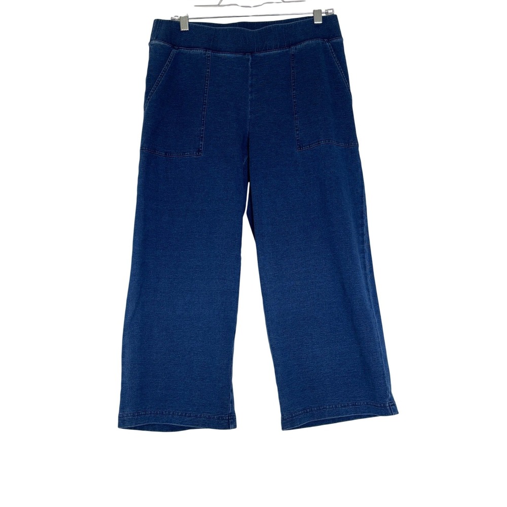 Pure Jill Indigo Blue Knit Wide Leg Cropped Pants Small Cotton Spandex Pockets